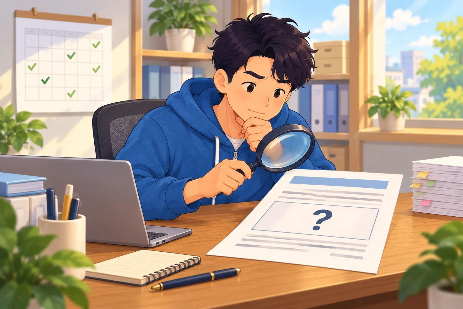 虫めがねでお知らせの書類を調べる人。壁のカレンダーにはチェックがいくつもありますが、書類の真ん中の数字の欄は空で、はてなマークだけがあります