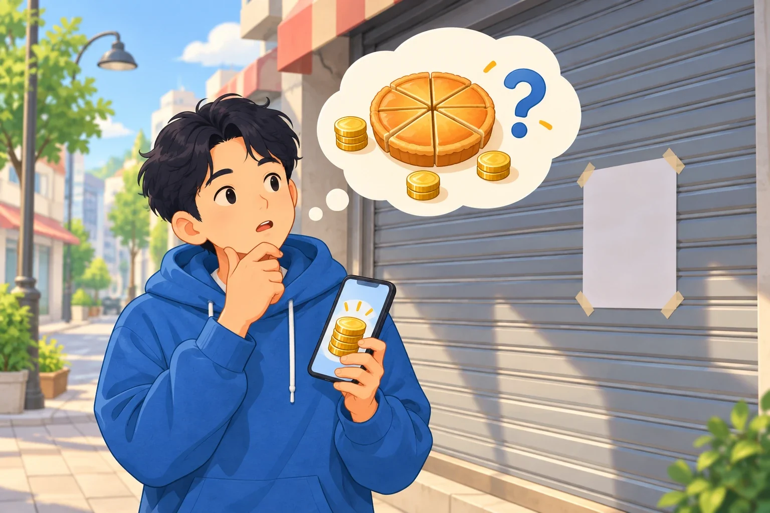 一个人站在关着卷帘门的店铺前，看着手机里的金币发愁。思考气泡里有切成几块的派、金币和一个问号