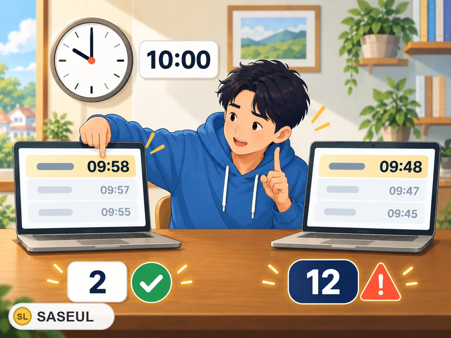 벽시계가 10:00이에요. 왼쪽 노트북 맨 위 블록 시각은 09:58이라 2분 전(괜찮음), 오른쪽 노트북 맨 위 블록 시각은 09:48이라 12분 전(살펴볼 때)이에요