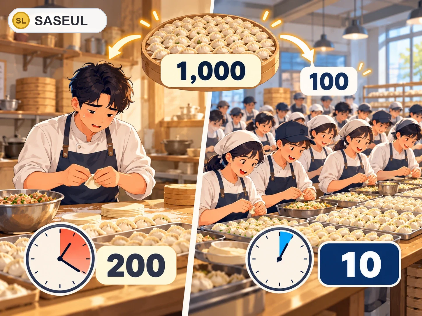 요리사 한 명이 혼자 만두 1,000개를 빚으면 200분, 100명이 작업대에 나란히 서서 같은 접기만 나눠 하면 10분 걸리는 그림