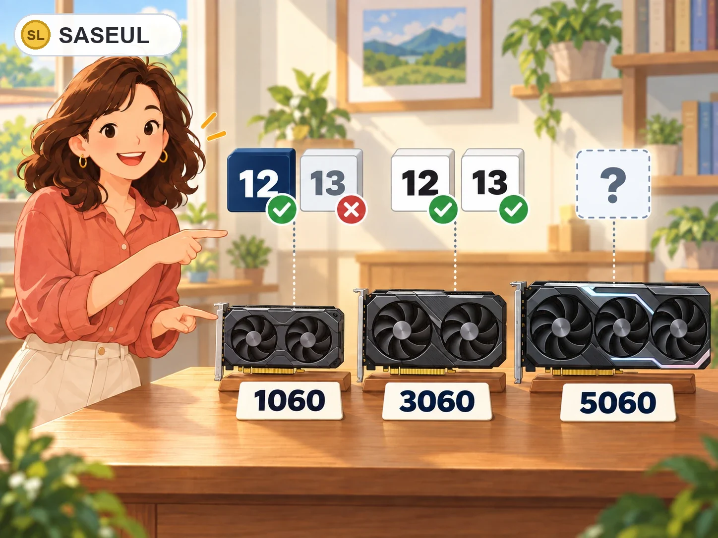 그래픽카드 세 장 앞에 1060, 3060, 5060 이름표가 있고 위에 맞는 CUDA 판이 놓인 그림. 1060은 12는 되고 13은 안 됨, 3060은 12와 13 둘 다 됨, 5060은 물음표