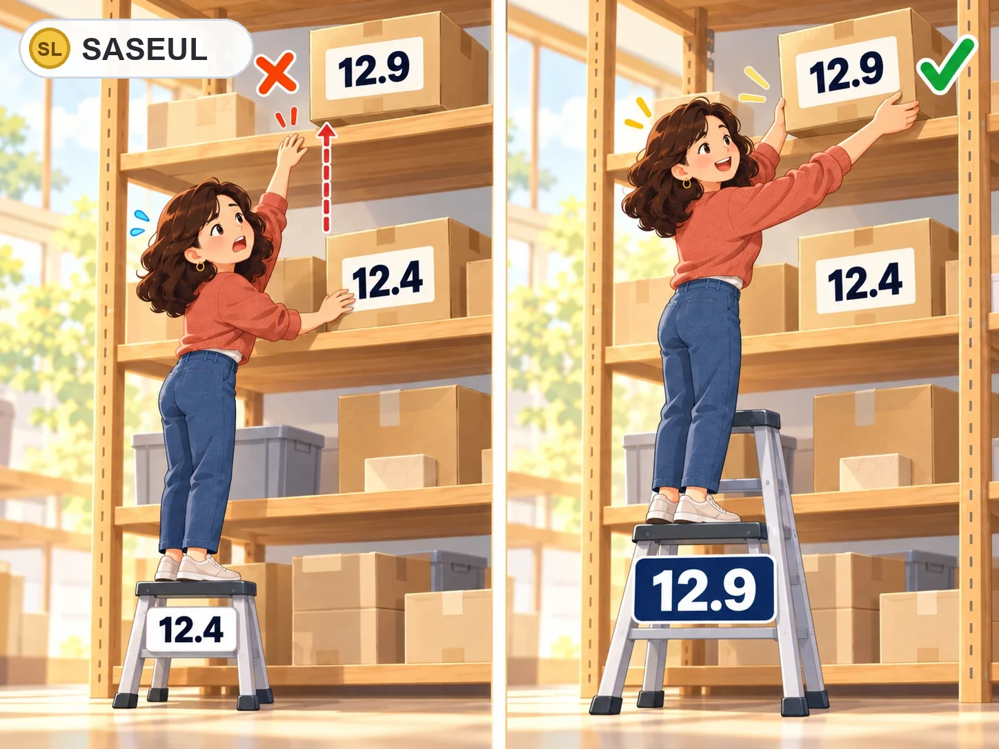Storeroom shelves. On the left, a person on a 12.4 ladder can reach the 12.4 box but not the 12.9 box on the top shelf. On the right, a person on a taller 12.9 ladder has taken down the 12.9 box