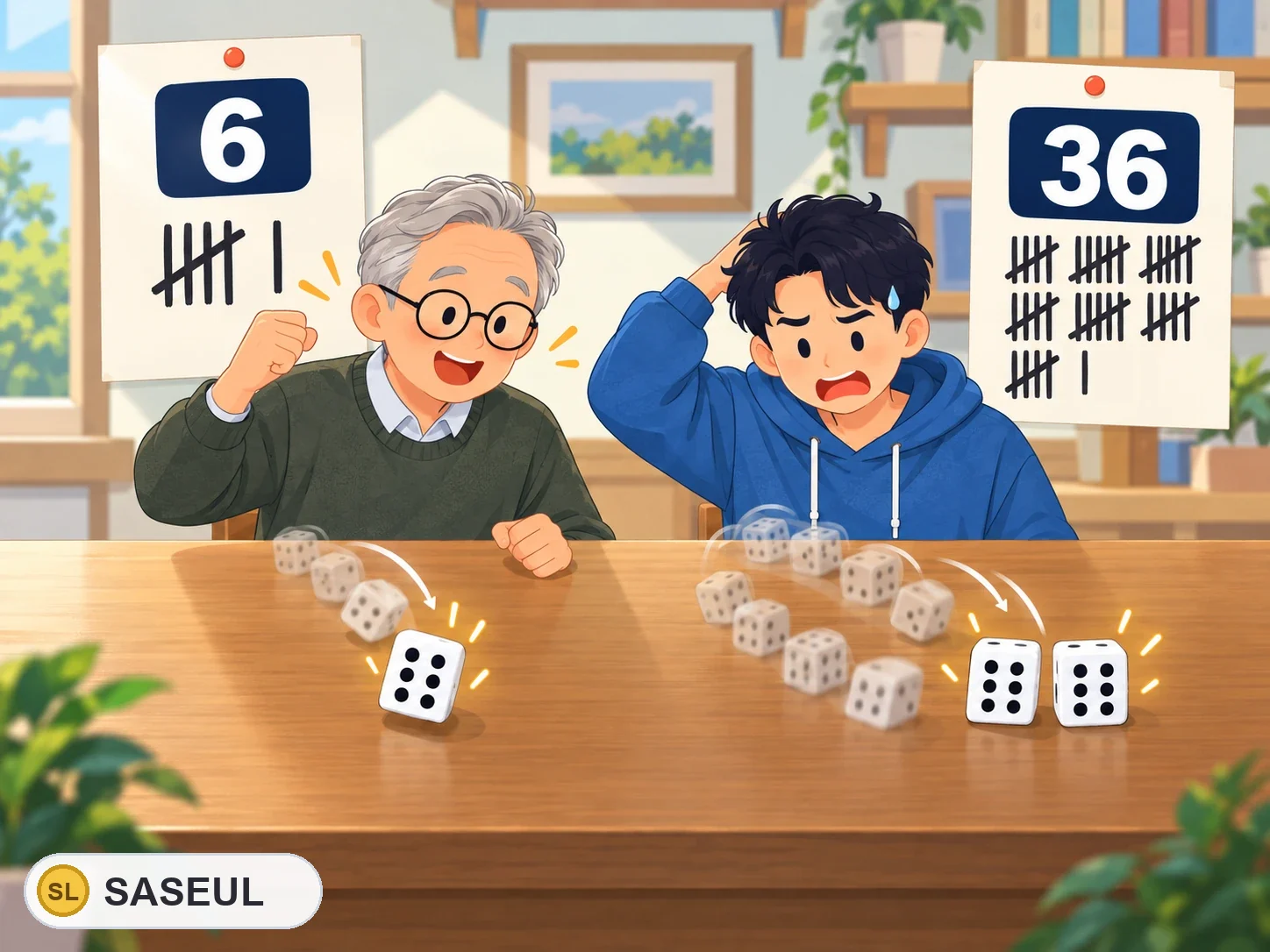 Two people at a table. One rolled a single die until it showed 6, which took 6 rolls (score sheet: 6). The other needed both dice to show 6, which took 36 rolls (score sheet: 36). On average that is 6 rolls versus 36