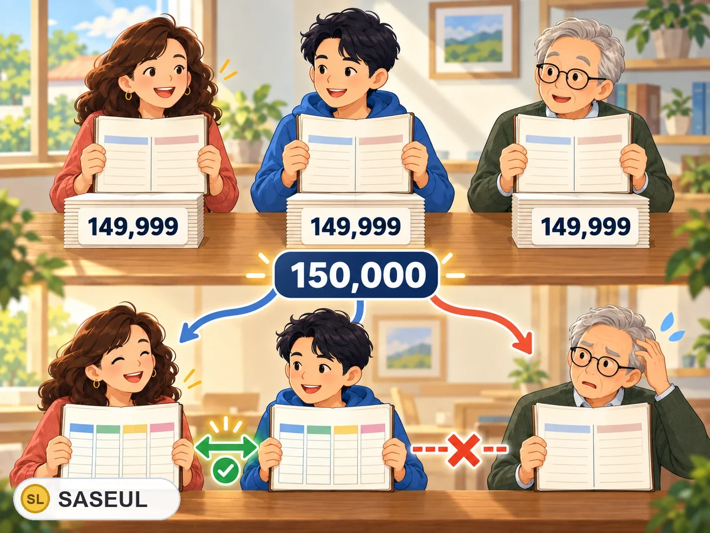 위쪽은 세 사람이 똑같은 장부를 149,999쪽까지 쌓아 둔 그림. 150,000쪽에서 길이 갈라져, 새 양식(칸 4개)으로 적은 두 사람은 서로 맞고(✓), 옛 양식(칸 2개)을 그대로 쓴 사람의 장부는 맞지 않아요(✗)