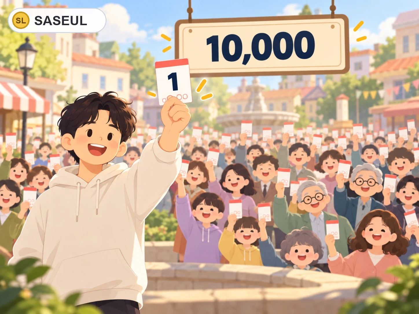 마을 광장에 모인 사람들이 저마다 복권을 들고 있고 간판에 10,000, 앞에 선 나는 복권 1장을 들어 보이는 그림. 전체와 내 몫이 10,000 대 1