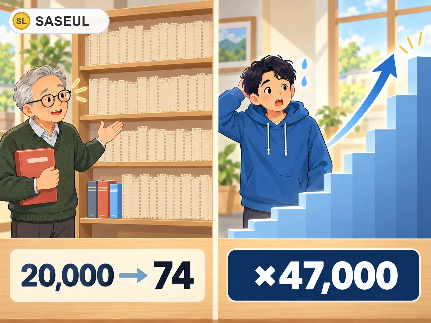 왼쪽은 흐린 자국만 가득한 책장에 장부 몇 권만 남은 그림(20,000 → 74), 오른쪽은 한 칸 한 칸이 점점 높아지는 계단 그림(×47,000). 장부를 든 컴퓨터는 줄고 난이도는 올랐어요
