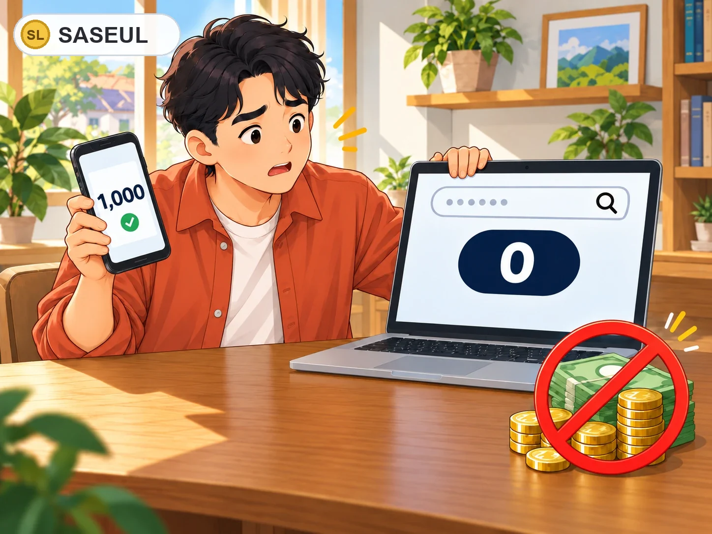 한 사람이 든 휴대폰에는 판매자가 보낸 사진 속 1,000이 보이지만, 탁자 위 노트북의 탐색기에서 내 주소를 찾으니 받은 기록이 0이에요. 옆의 돈에는 더 보내지 말라는 금지 표시가 있어요
