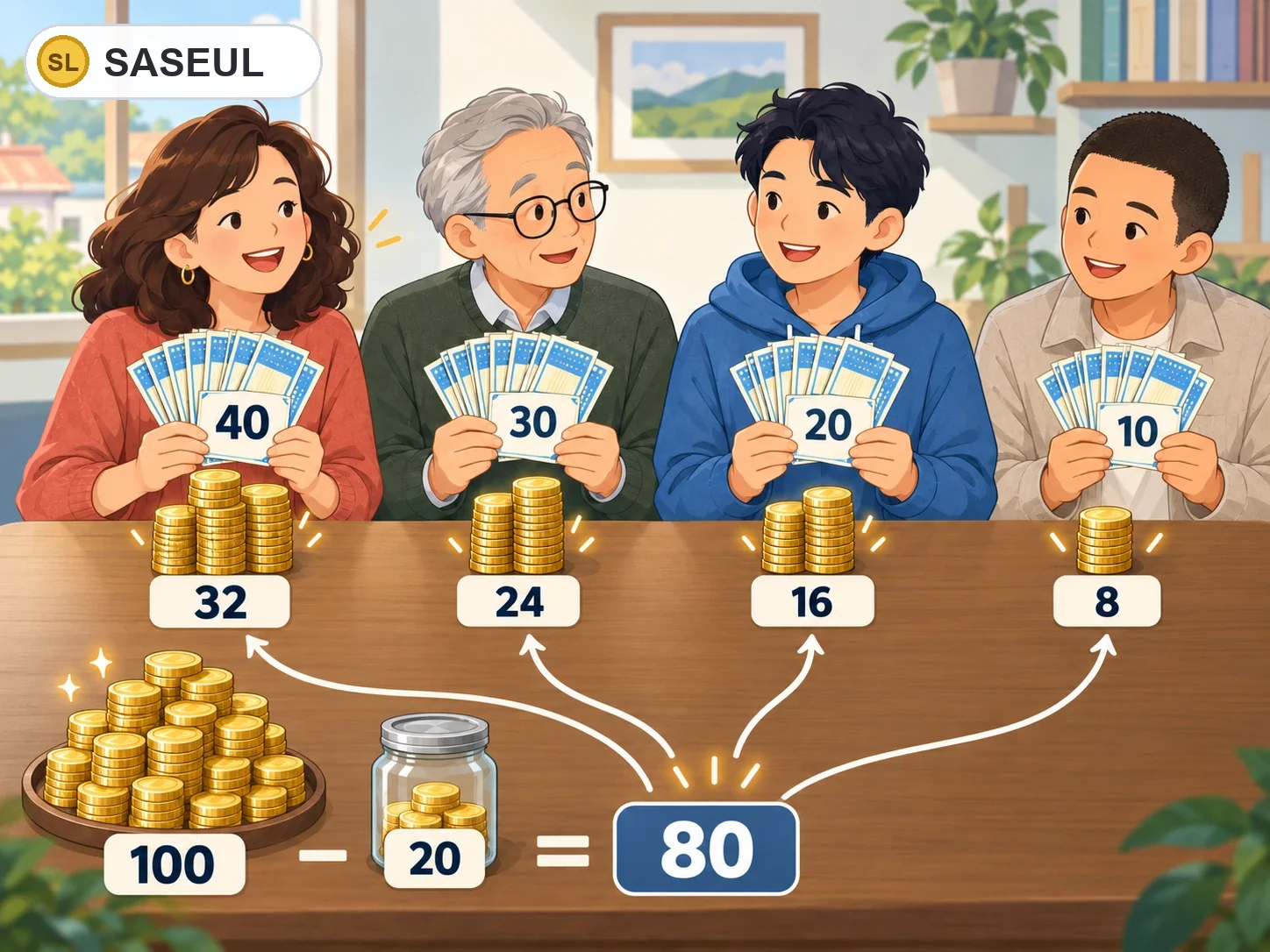 Four people scratch 40, 30, 20 and 10 tickets. From 100 prize coins a 20-coin fee comes off, and the other 80 are split 32, 24, 16 and 8