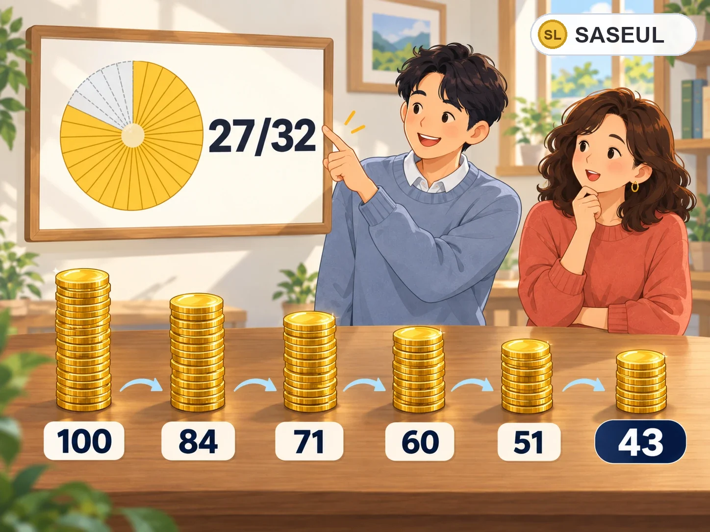 코인 더미가 100, 84, 71, 60, 51, 43으로 한 번에 27/32씩 줄어드는 그림
