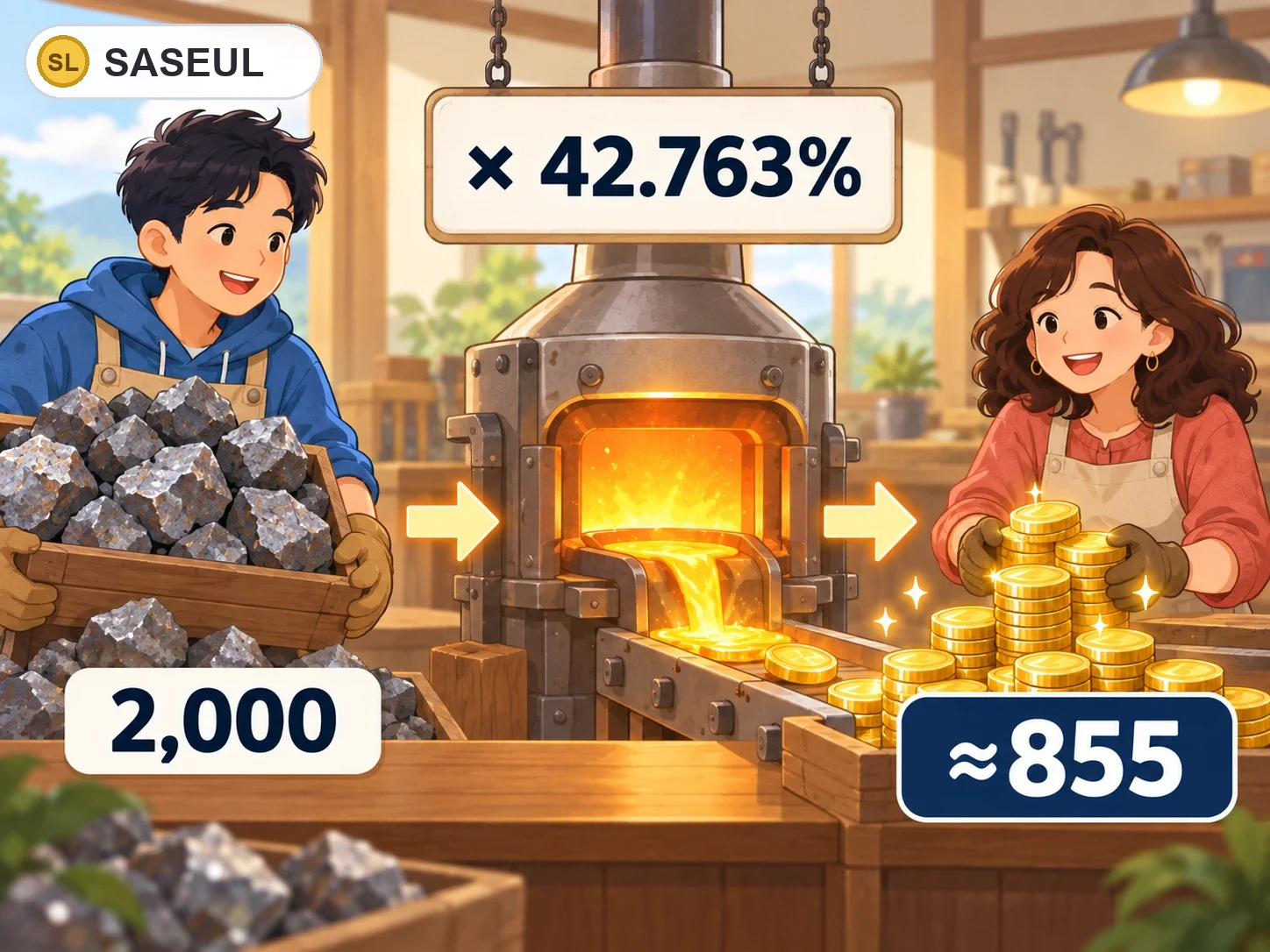 원석 2,000이 정제 기계(× 42.763%)를 거쳐 코인 약 855로 나오는 그림