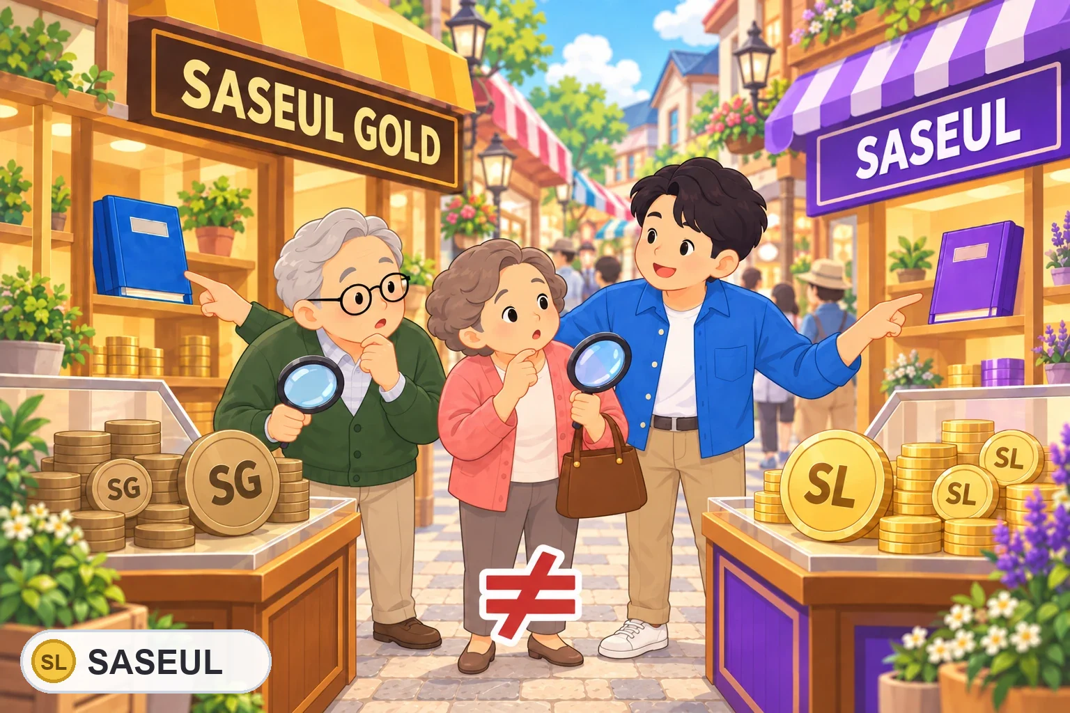 이름이 비슷한 두 가게. 왼쪽 SASEUL GOLD 가게에는 SG 동전과 파란 장부책, 오른쪽 SASEUL 가게에는 SL 동전과 보라색 장부책이 있어요. 가운데 바닥에 ≠ 표시가 있고, 노부부가 돋보기로 두 동전을 들여다보며 갸웃하고, 젊은 사람이 두 장부책을 양손으로 가리키는 그림