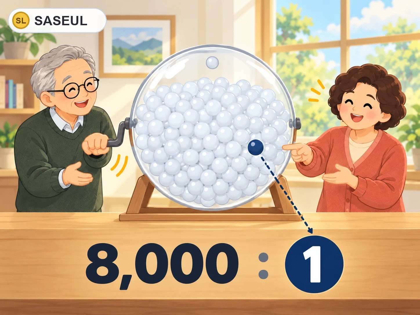 제비뽑기 통 안에 공이 가득하고 그중 하나(진한 색)만 내 공인 그림. 전체 8,000 대 내 공 1