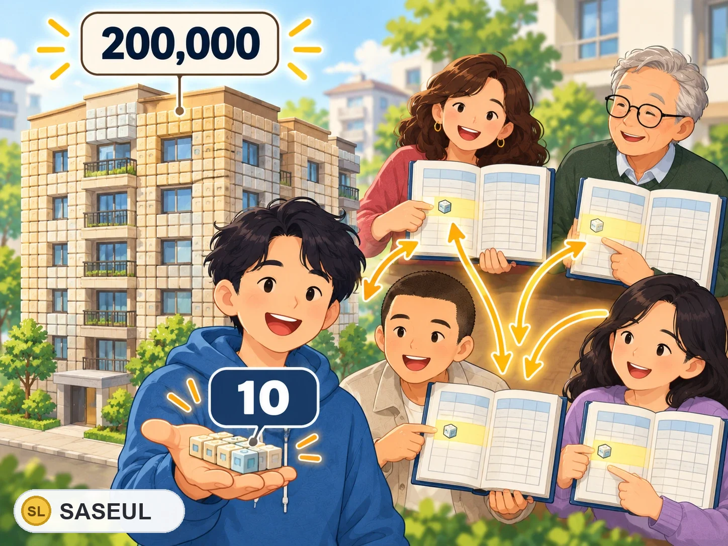 건물 한 채가 작은 블록 20만 칸(200,000)으로 나뉘어 있고, 한 사람이 그중 10칸을 손바닥에 올려 들고 있어요. 옆에서는 네 사람이 똑같은 장부를 펼쳐 같은 줄을 가리키며 서로 맞춰 보는 그림