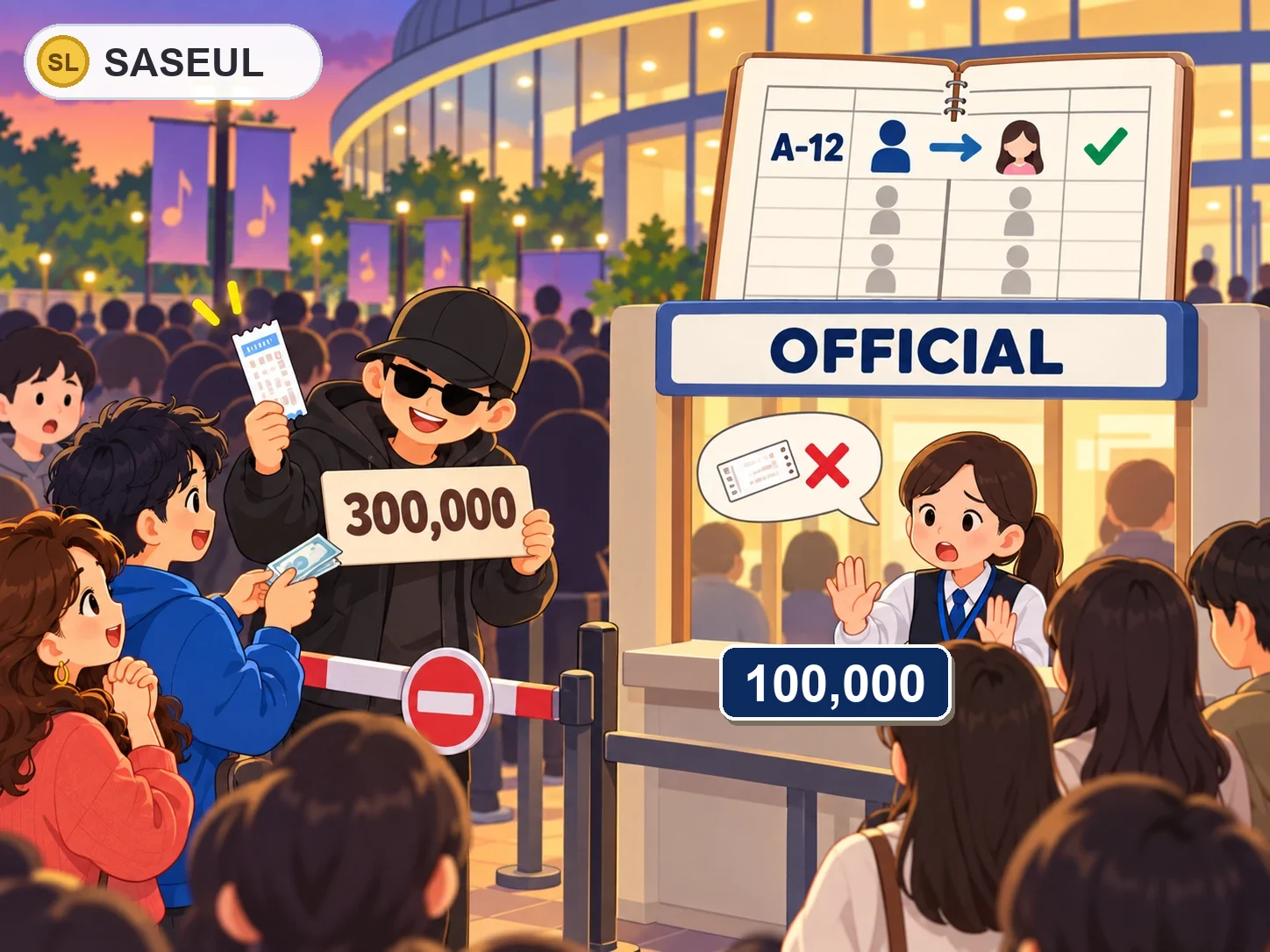 공연장 입구 앞. 왼쪽에서는 선글라스를 낀 사람이 표를 300,000에 팔려고 하고 누군가 돈을 건네지만, 그 앞은 차단봉으로 막혀 있어요. 오른쪽 OFFICIAL 공식 창구는 정가 100,000만 받고 더 비싼 되팔기는 거절해요. 창구 위 장부에는 A-12 좌석의 주인이 새 주인으로 바뀌어 체크 표시가 떠요