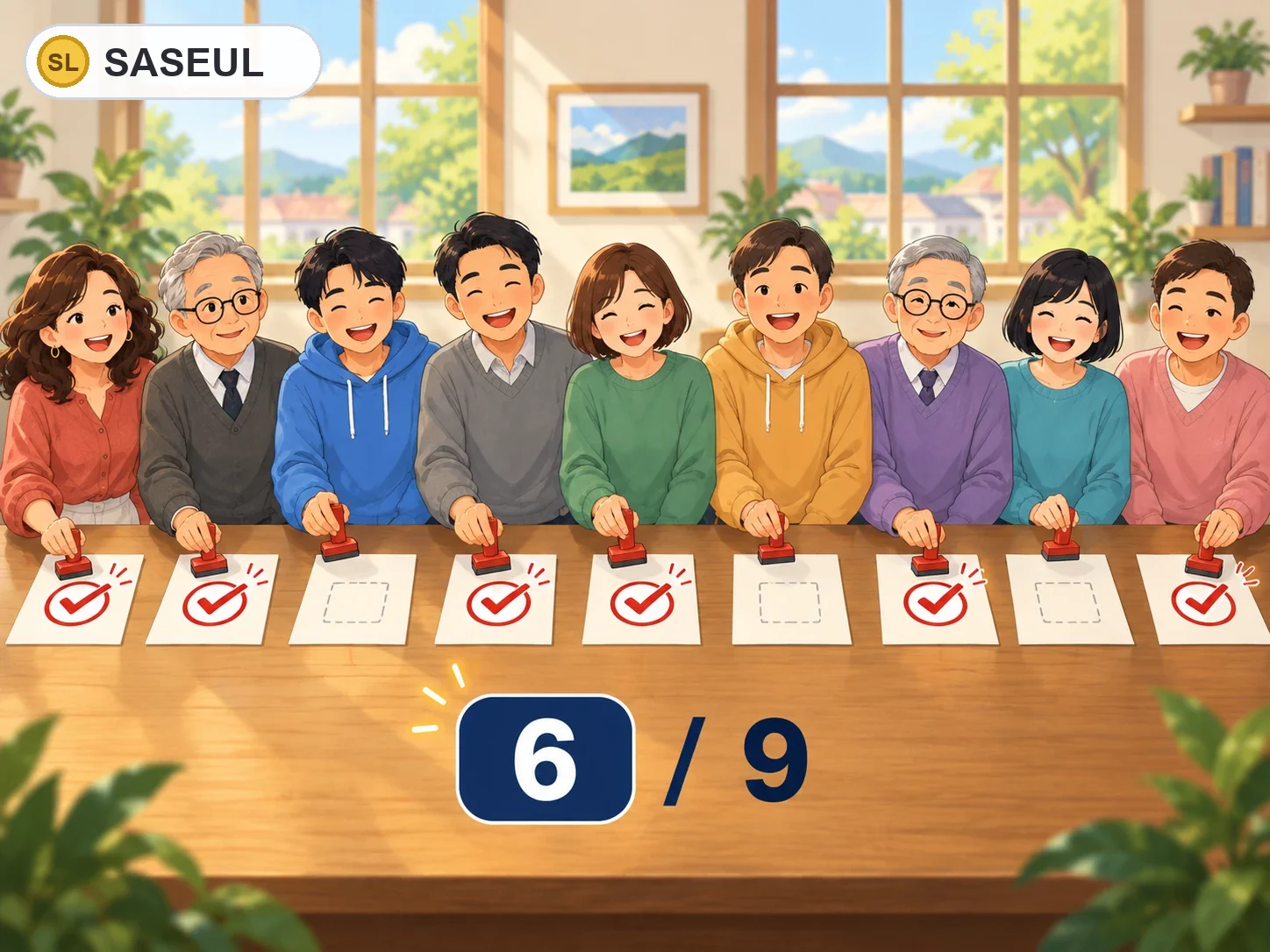 긴 탁자에 아홉 사람이 서서 각자 앞 종이에 도장을 찍는데, 여섯 사람은 빨간 도장을 찍었고 세 사람은 아직 빈칸이라 6/9로 통과되는 그림