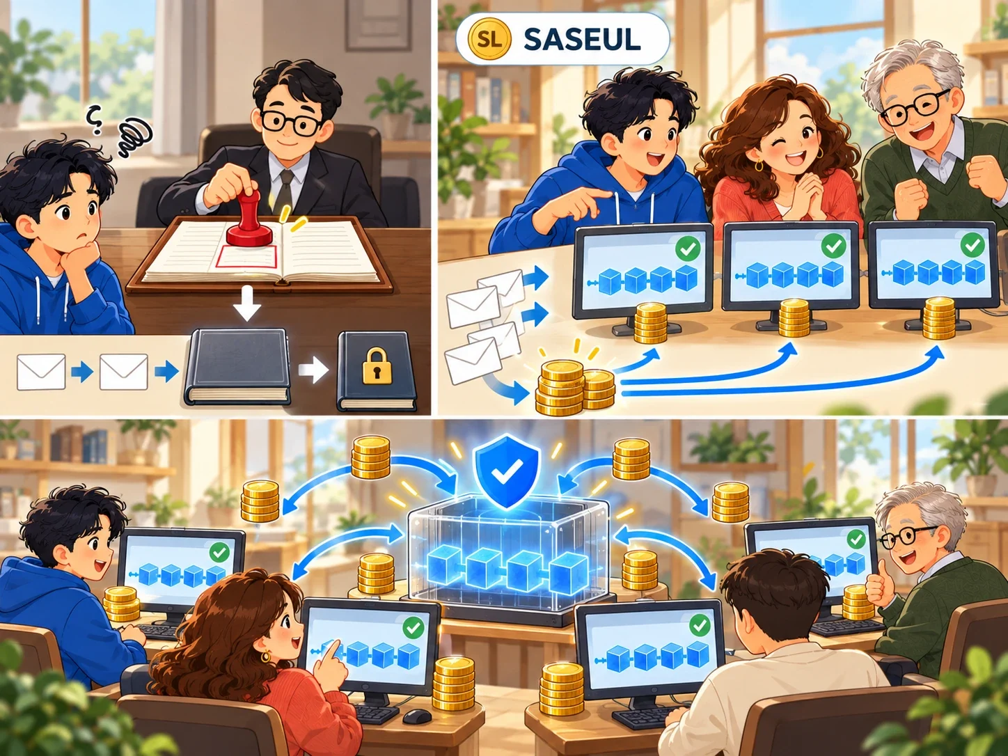 왼쪽은 관리자 한 사람이 장부에 도장을 찍고 잠가 두는 그림, 오른쪽과 아래는 여러 사람이 각자 컴퓨터에서 같은 장부를 보며 모두 체크 표시가 뜨는 그림