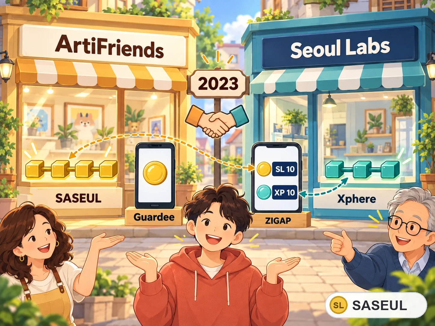 ArtiFriends 가게에는 SASEUL 장부 줄기와 Guardee 휴대폰, Seoul Labs 가게에는 Xphere 장부 줄기와 ZIGAP 휴대폰이 있고, 두 가게 사이에 2023 악수 표지가 있는 그림. ZIGAP 화면의 금색 동전 10은 점선으로 SASEUL 줄기와 이어져 있어요